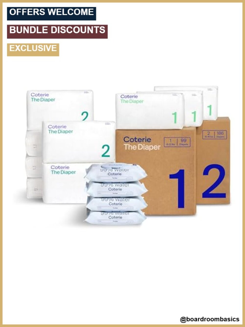 Coterie Diapers Size 1 & 2 Bundle 285 Ct + 224 Plant Based Wipes